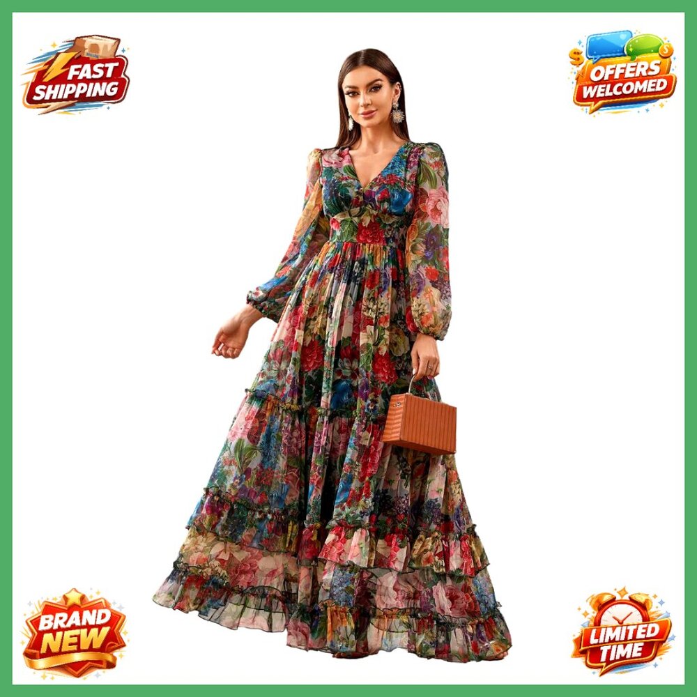 Boho Floral Print Maxi Dress Long Sleeve V Neck Ruffle Elegant Summer Casual